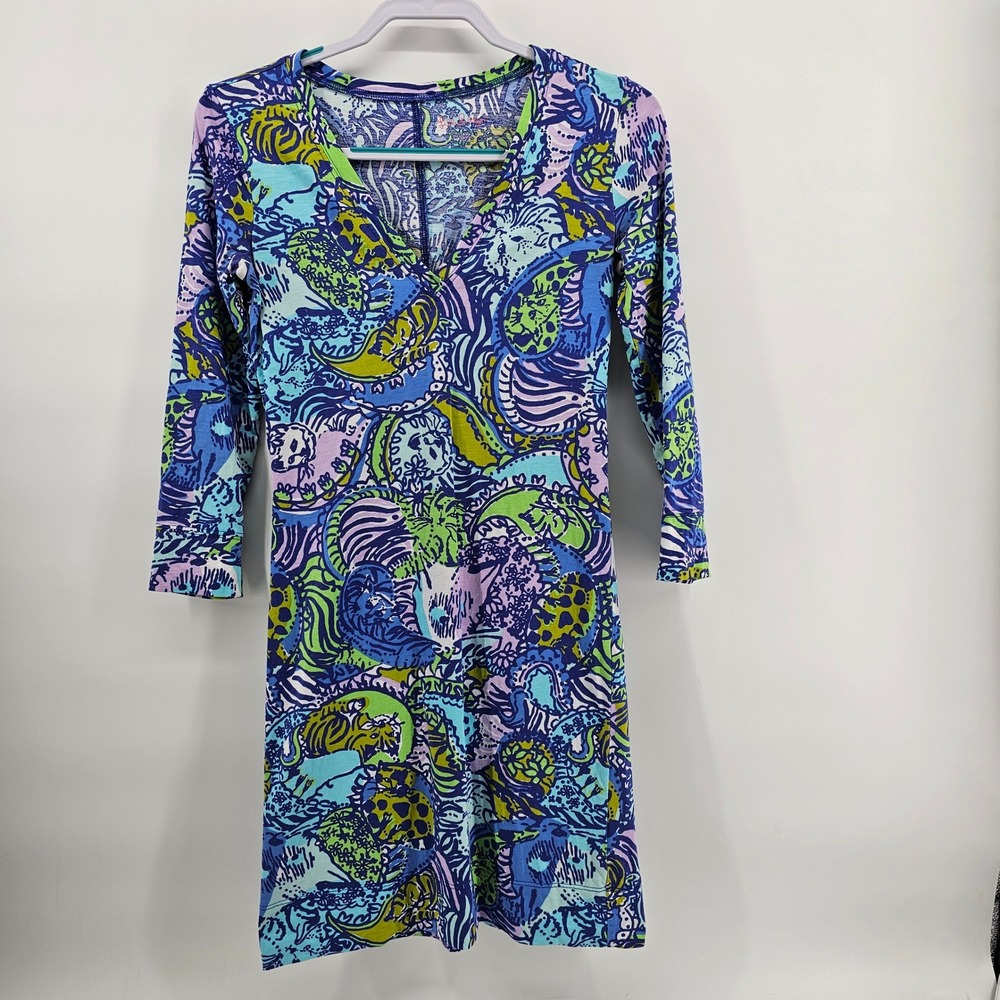 Lilly Pulitzer T-Shirt Dress Womens XS Blue Green Christie Cattitude 86122